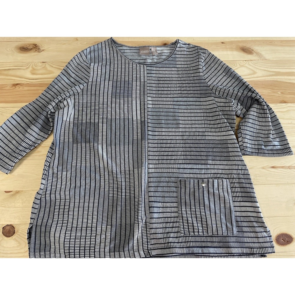 Chico's 3 Navy White Stripe Blocked‎ Textured Blouse Top